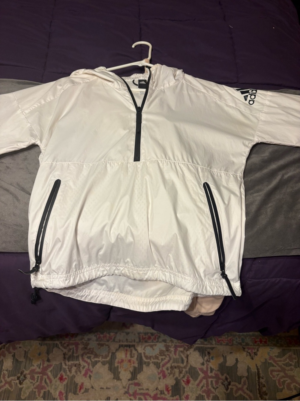 adidas White Half-Zip Hooded Windbreaker with Black Trim